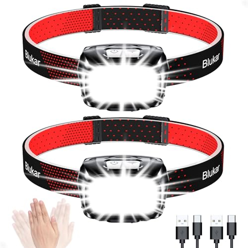 Blukar LED Stirnlampe Wiederaufladbar, 2 Stück Superhell Kopflampe Stufenlos Dimmbar mit 8 Modi, Sensor & Rotlicht, IPX5 Wasserdicht & Winkel Einstellbar, Stirnleuchte für Joggen, Angeln -Schwarz