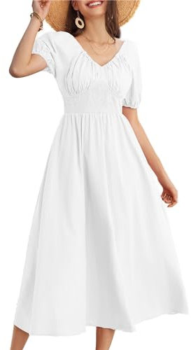 GRACE KARIN White Maxi Dress for Ladies Summer Short Puff Sleeve V Neck Ruched Wedding Guest Victorian Dresses for Women M Size 14