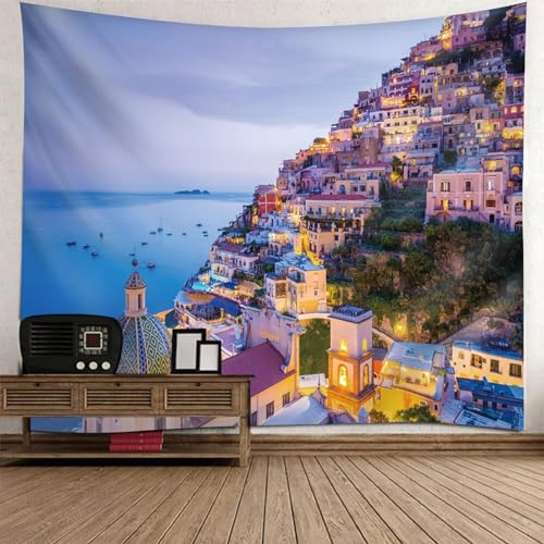 Epinki Wandbehang 260x240cm, Landschaft Natur Wandteppich Küstenstadt Wandtuch Grau Blau aus Polyester, Wand Deokration für Zimmer Wohnheim Schlafazimmer