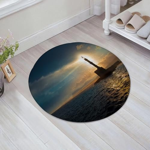EMFSLA rutschfest Badezimmer Badeteppiche,Weich Hochflor Saugfähig Badvorleger Waschbar Flauschige Mikrofaser Badematte,Leuchtturm, Leuchtturm Sonnenuntergang Sonnenlicht Romantischer Urlaub,60x60 cm