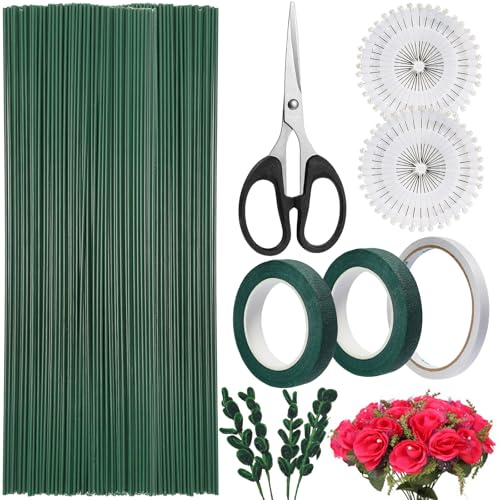 Realure 85 Piezas Alambre de Flores Kit, Alambre Verde para Floristas Flexible 30 cm, Alambre para Manualidades de 2 mm de Diámetro, Alambre de Tallo Floral con cinta de Floristería/Tijeras/Alfileres