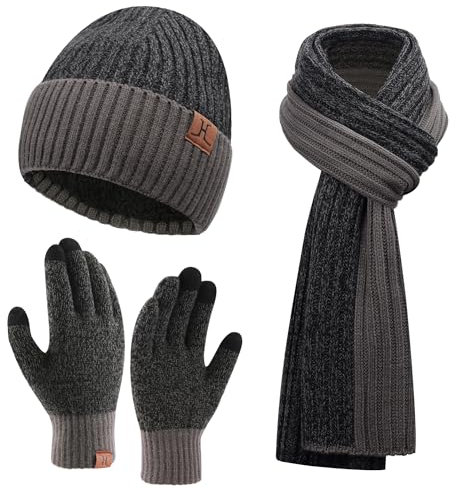 Herren Winter Warm Beanie Mütze Lange Schal und Touchscreen Handschuhe Set mit Fleece Gefüttert Wintermütze Strickmütze rutschfeste Winterhandschuhe Schals Geschenk für Männer, Dunkelgrau