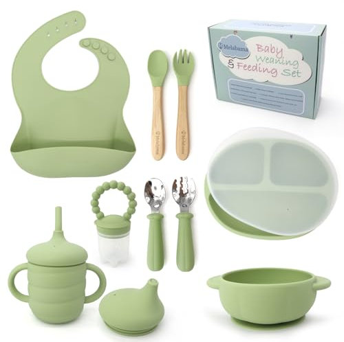 Silicone Baby Weaning & Feeding Set - BPA Free, 10 Pcs Set Includes Adjustable Bib, Suction Bowl, Suction Plate with Lid, 3 in 1 Cup, Fresh Fruit Feeder, Spoons and Forks (Green)