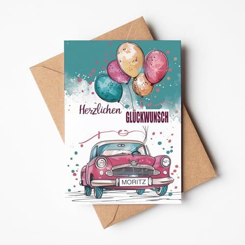 MJ-GRAPHICS® Personalisierte Karte zum Führerschein, Glückwunschkarte mit Auto und Namen, Führerschein Geldgeschenk für Patenkind, Mädchen und Junge - Glückwunsch Klappkarte inkl. Umschlag