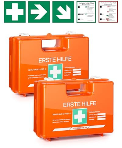 2x Erste Hilfe Kasten ÖNORM Z1020 Typ2 - Verbandskasten inkl. praktischer Wandhalterung, 5x Aufkleber, Gesichtsmasken, Feuchttücher & Plombe - Erste Hilfe Koffer für Betriebe, Einrichtungen & Zuhause