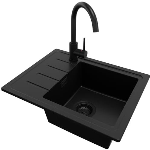 PRIMAGRAN Evier Cuisine en Granit Tout Noir 55x44cm, Lavabo 1 bac + Kit de Vidage + Robinet 32x20cm, Évier à Encastrer au meuble 45cm - Copenhague Easy