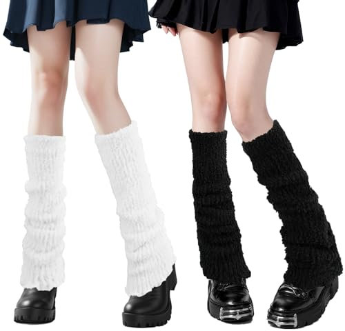QKURT 2 Paar Damen Beinstulpen Flauschig Weiß Schwarz Beinstulpen Winter Gestrickt Lange Beinstulpen Kniestrümpfe für Frauen Mädchen, schwarz/weiß, One size