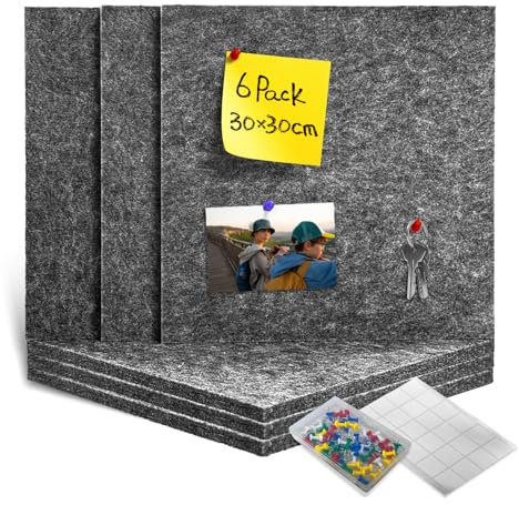 CUHIOY 6 Stück Filz-Pinnwand mit 60 Pins, 12 mm dicke große selbstklebende Korkwand aus Filz, Wanddekoration für To-do-Listen, Memo Boards, Schlafzimmer, Küche, Büro, Dunkelgrau, 30 x 30 cm