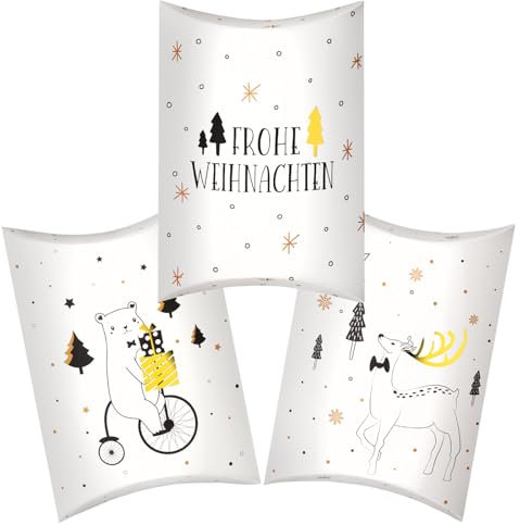 BETESSIN Geschenkboxen Weihnachten - 30 Stück Kleine Kissenschachteln mit niedlichen Weihnachtsmotiven - Weihnachtsverpackungen für Süßigkeiten Box, Keksschachtel, und Pralinenschachteln zum Befüllen