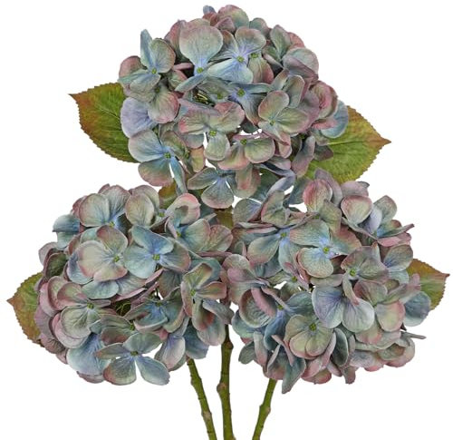 Hollyone Fiori artificiali di ortensia, 3 pezzi, 47,8 cm, ortensie in seta con fiori grandi da 15,2 cm, fiori finti realistici blu polveroso per composizioni floreali, centrotavola, matrimoni