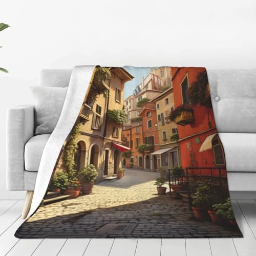 ZXERTG Hautfreundliche Flanelldecke mit italienischem Straßendruck, vielseitige, ultraweiche Fleece-Bettdecke für Couch, Reisen, Camping