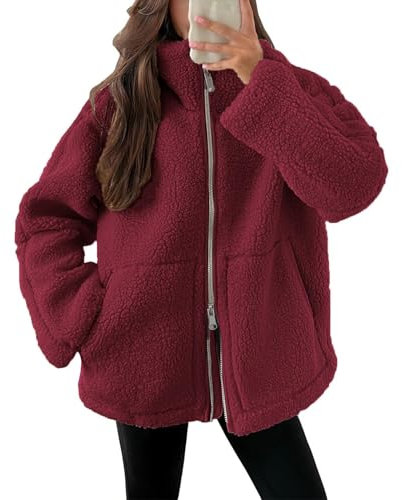 DHYUEN Lange Fleecejacke Damen Stehkragen Dicke Sweatjacke Kapuzenpullover Damen Langarm Kariert Mantel Damen Winter Lang Kuscheljacke Plus Größe Fleecejacke Damen Warm Wollmantel Damen Lang(Wein,L)