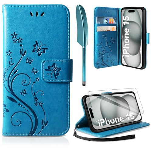 AROYI Lederhülle Kompatibel mit iPhone 15 Hülle und Schutzfolie, Flip Wallet Handyhülle PU Leder Case Kartensteckplätzen Schutzhülle Kompatibel mit iPhone 15 Blau