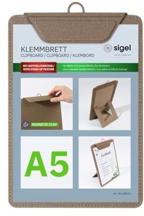 SIGEL Klemmbrett A5 beige mit Aufstellfunktion | KB121, stabiles, stylisches Clipboard mit edler Leinenstruktur, strapazierfähig und leicht abwischbar, für Speisekarten