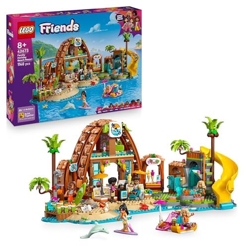 LEGO Friends Vacances à l’Hôtel de la Plage - Jeu de Construction pour Fille dès 8 Ans - 6 Mini-Poupées, 1 Tortue, Figurine de Dauphins, Stand de Glaces & Accessoires - Cadeau sur Les Animaux 42673
