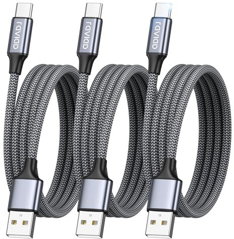 RAVIAD USB C Charger Cable, 3Pack 3M Type C Charger Cable Fast Charging Nylon Braided USB C Lead for iPhone 16 15 Pro Max Plus, Pad Pro, Galaxy S24 S23 Ultra, MacBook, P50/P40, Pixel 9 - Grey