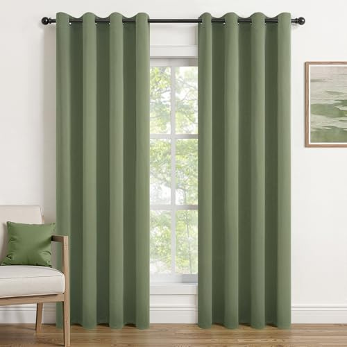 Topfinel Kurze Verdunkelungsvorhänge mit Ösen, Salbeigrün, H175 x B140 cm(HxB), für Schlafzimmer, kurz, energiesparend, Blickdicht, 2er-Pack, lichtundurchlässig, schalldämmend und wärmend