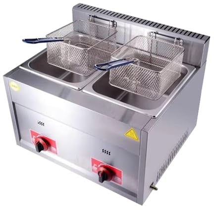 Kommerzielle Gas Fritteuse, 10L+10L Doppel Edelstahl Fritteuse mit Frittierkorb und Deckel, Temperatur Einstellbar, Frittiermaschine für Heimküche Restaurants Imbissstuben (10L+10L)