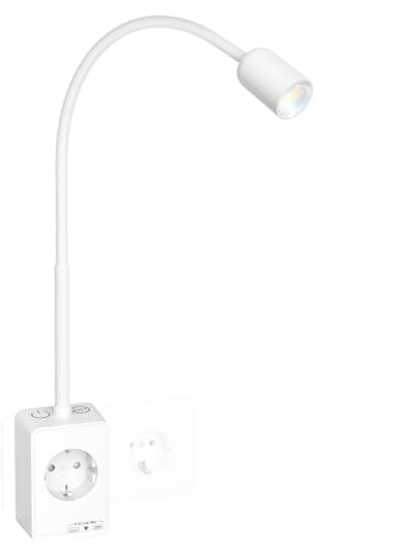 PRINCEWAY LED Strahler Steckdosenleuchte Dimmbar, Wandlampe Leselampe Wand Weiß mit Stecker und Steckdose für Schlafzimmer, Zwei Berührungsschalter, 3er Lichtfarben Modi, USB Ausgangs Anschlüsse