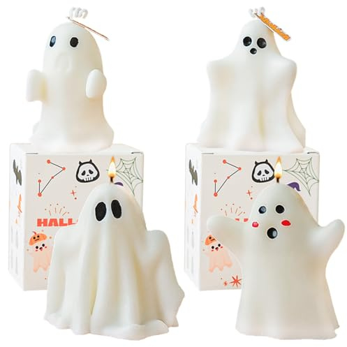 MOMAHUA 4 Stück Halloween Kerzen im Geschenkbox Papier, Natürliches Sojawachs Kleines Weißes Gespenst Duftkerze, Handgefertigte Kerze Geschenk Scented Candle Deko für Herbst, Geburtstage, Halloween