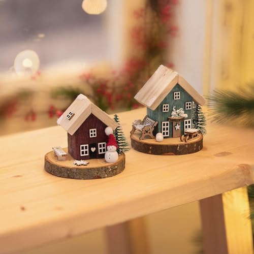 FRANK FLECHTWAREN Dekohaus Winterzeit, 2er Set, Holz, Kunststoff Maße: Ø 9 cm, Höhe 9 cm, 11 cm, tolle deko, vielseitig anwendbar