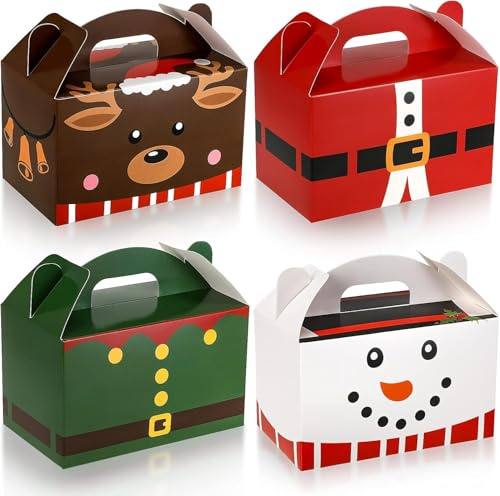LATERN 24 Stück Weihnachts Leckerei Boxen, 15CM x 9CM Karton Plätzchenbox Kariert Weihnachtsmann Schneemann Elch Weihnachts Geschenkbox mit Griff für Feiertage Thanksgiving Weihnachtsfeier (4 Muster)