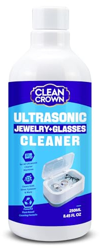 CleanCrown Ultrasonic Jewelry Cleaner Solution (250ml), Jewelry Cleaner for Gold, Silver, Diamond and More, Gold Jewelry Cleaner Liquid, Gentle Jewelry Cleaning Solution for Ultrasonic Machines