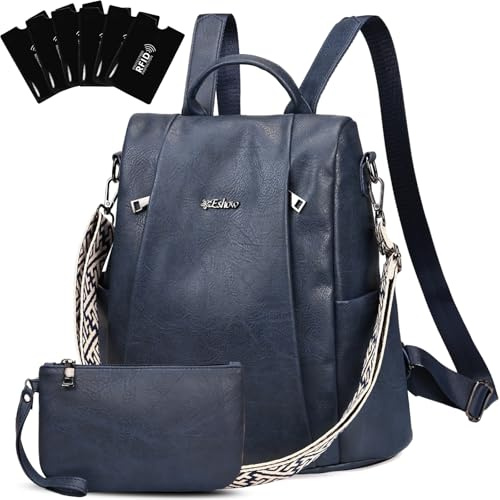 Eshow Rucksack Damen Klein, Anti-Diebstahl Elegant Cityrucksack, Wasserdichter Tagesrucksack Veganes Leder, Rucksacktasche mit Clutchbag RFID Blocker Modern für Pendeln Schule Arbeit Reise Blau