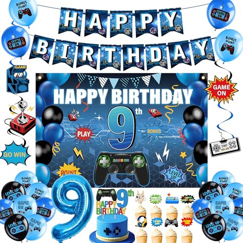 Gaming 9th Birthday Decorations Boy - 31 Pcs Video Game Party Decoration | Banners Hanging Swirls Number 9 Foil Balloon Backdrop and Latex Balloons for Boys 9 Years Old Party Supplies