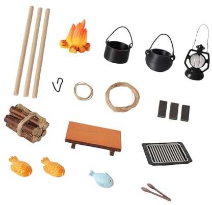 HINAYOSAN Simulation Camping Zubehör einschließlich Miniaturgrills und künstlich brennendes Holz Lagerfeuer für 1/12 Puppenhaus Landschaft Miniatur Camping Sceme Set für Puppenhaus