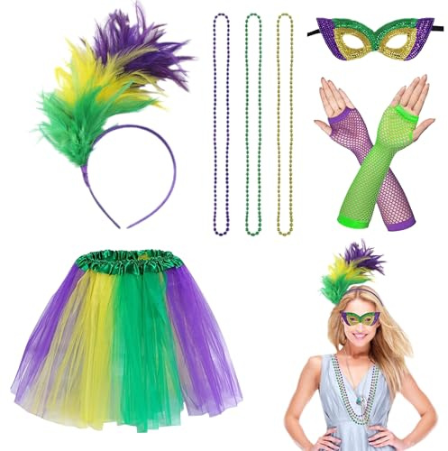 PYSEOSISE Mardi Gras Kostüm Zubehör Set, Mardi Gras Feder Haarband Tutu Rock Maske Netzhandschuhe Perlenkette für Damen
