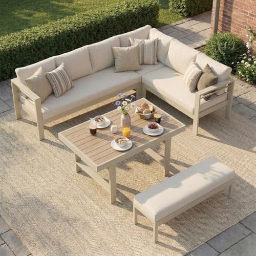 LANOX Aluminium Gartenlounge Set mit Esstisch, Beige | 5-teilig für 6-8 Personen, wetterfestes 6061 Alu-Gestell, 12 cm Kissen, Polywood Tischplatte, für Terrasse & Garten