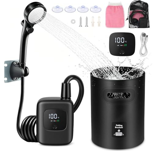 AUAUY Ducha Portatil Camping, 3600 mAh Recargable Duchas Camper con Cubo Plegable, [Pantalla Temperatura] Duchas Terraza