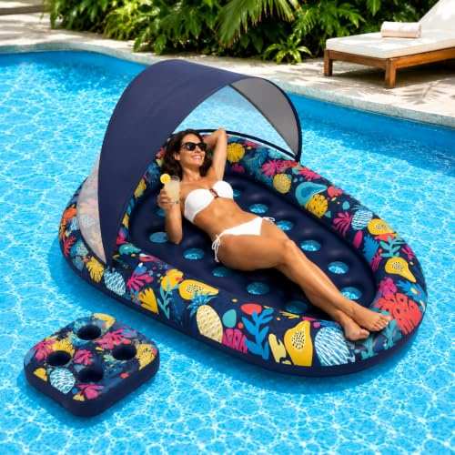 Float Tube, panemy Ciambella Piscina Adulto per Lettura, Materasso Piscina Gonfiabile, Poltrona Gonfiabile Piscina con Ombrellone, per Letture Estive e Feste Acquatiche (Blu Scuro, L)