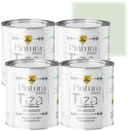 SPSIL Pintura a la Tiza Verde Vintage (750ml X 4) Multiusos Sin Lijado, Secado Rápido Lavable Ecológica, Mate Vintage para Madera Metal Yeso, Interiores Exteriores Bricolaje y Renovación de Muebles