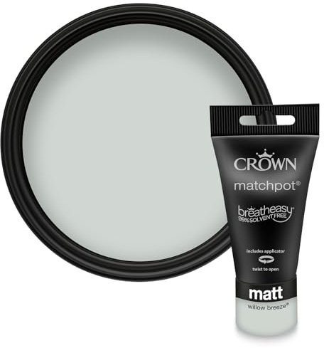 Crown WALLS & CEILINGS Grey Green Matt Paint Tester Pot - Sample 40ml | Try Willow Breeze before you buy. See the true colour on your wall, in your own light. Low VOC, low odour, breatheasy