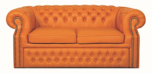 Casa Padrino Echtleder 2er Sofa Orange 180 x 100 x H. 78 cm - Luxus Chesterfield Schlafsofa