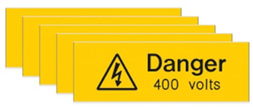 iSigns Warning Signs (Danger 400 Volts) Pack of 5, Rigid and Engraved Danger Sign, 75x25mm, Easy to Apply Self-Adhesive High Voltage Sign, British HSE Standards Approved