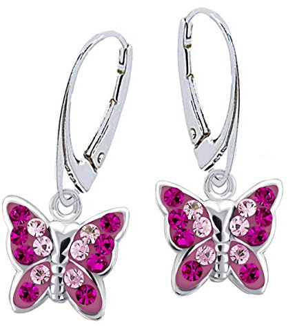 Kristall Schmetterling Klapp-Brisur Ohrringe 925 Echt Silber Mädchen Kinder Ohrstecker Ohrhänger (1a) Magenta-Rosa)