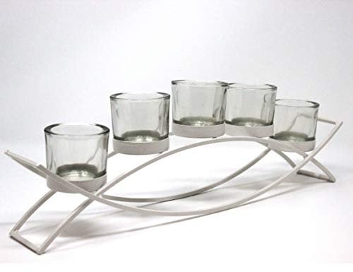 Seraphic Iron Arch Table Centerpiece Decorations Tealight Votive Candle Holder for Weddings, Patio, Kitchen, Dining Room, and Coffee Tables, White, Clear Chunky 5 Cups