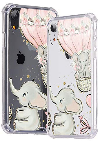 Idocolors Clear Phone Case for iPhone XR Shockproof Hard Plastic Back + TPU Soft Bumper with Air Cushion Protective Cute Elephant Cover Slim Kawaii Cartoon Animal Phonecase