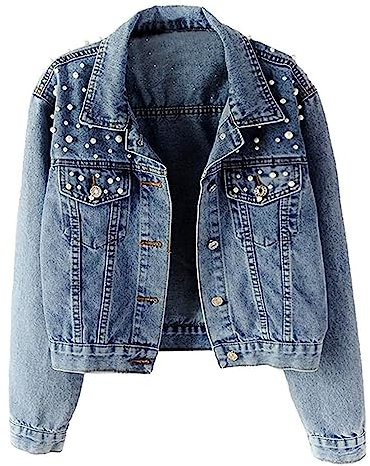 sandbank Women's Vintage Jeans Denim Jacket Pearls Beading Long Sleeve Coat