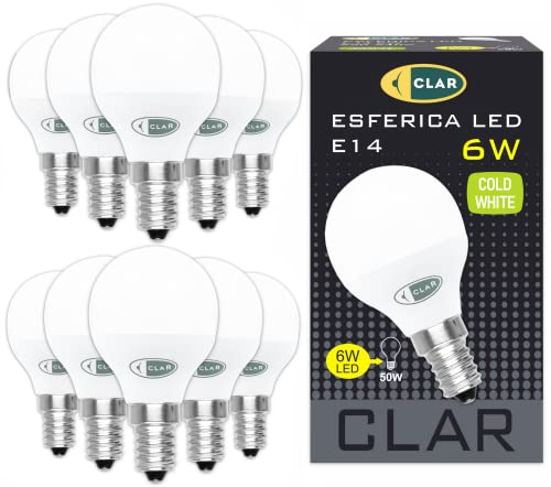 CLAR - Lampadina LED E14 6W Sfera, Luce Fredda 6000K, Senza Fili, Piccola (Pack 10)