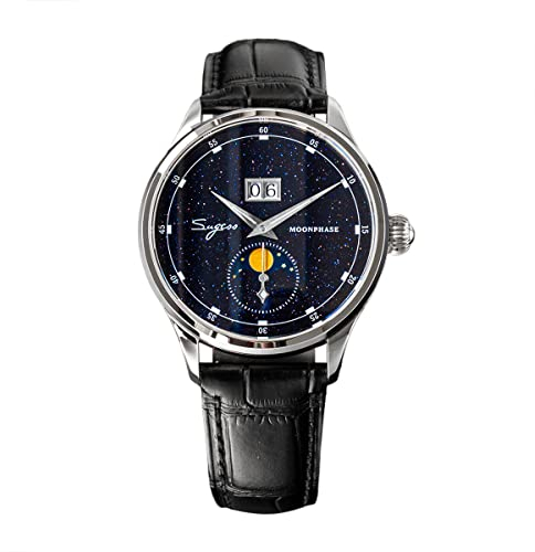 NC Moonphase Luxury Herrenuhren 316L Edelstahlgehäuse Seagull ST2528 Uhrwerk Edelstein Sterne Zifferblatt Automatik Herren Armbanduhr Geschenk (Black Strap)