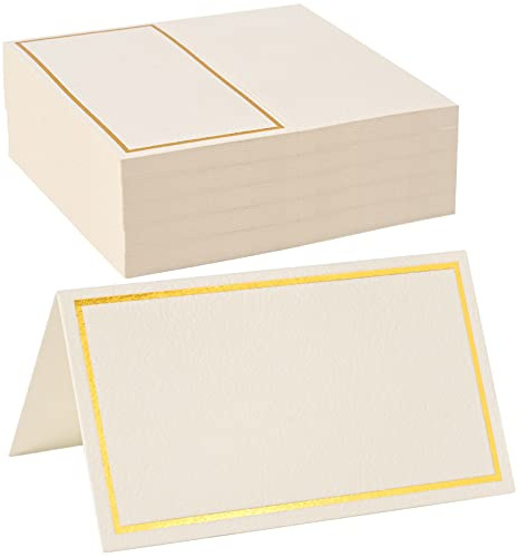 KraftiSky 100 Pack Place Cards for Table Setting with Gold Foil Border Table Tent Cards for Seating Perfect for Weddings, Dinner Parties, Banquets 2” x 3.5”