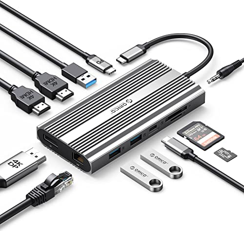 USB Docking Station, USB C Hub ORICO 12 en 1 con HDMI 4K Dual, DP 4K@60Hz, PD 100W, Ethernet, 3 USB 3.0, SD/TF, 3,5mm Audio, USB C Adaptador Compatible con Windows/Mac OS