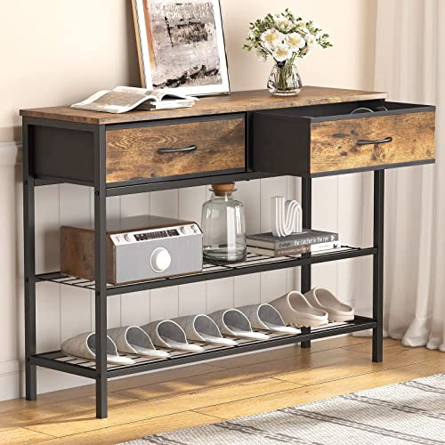 Lifewit Console d'Entrée avec 2 Tiroirs en Tissu, Table de Salon Industrielle à 3 Niveaux avec Etagères de Rangement pour l'Entrée, Le Salon, la Chambre à Coucher, Marron Rustique, Assemblage Facile