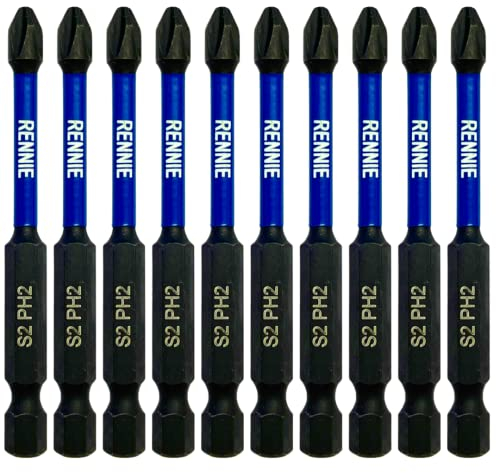 10 x Rennie Tools 75mm Long PH2 Impact Screwdriver Driver Bits Set. Magnetic Phillips No.2 Heavy Duty Impact Driver Bit Set. Long PH2 Bits. Hex Shank. Cross Head Long PH2 Bits. Black Oxide Coated