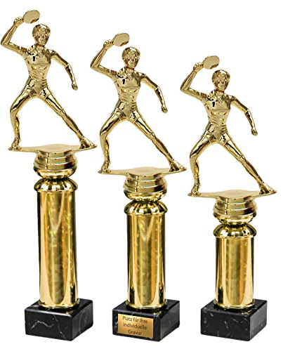 eberin · Tischtennis Pokal mit Wunschtext · Tischtennisspielerin beim Aufschlag auf Goldsäule/Marmor · TT Pokal in 3 Größen erhältlich · (31,5 cm)