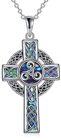 YFN Keltisches Kreuz Halskette Sterling Silber Keltische Triskele Anhänger Abalone Schale Kreuz Schmuck Geschenke für Damen Herren